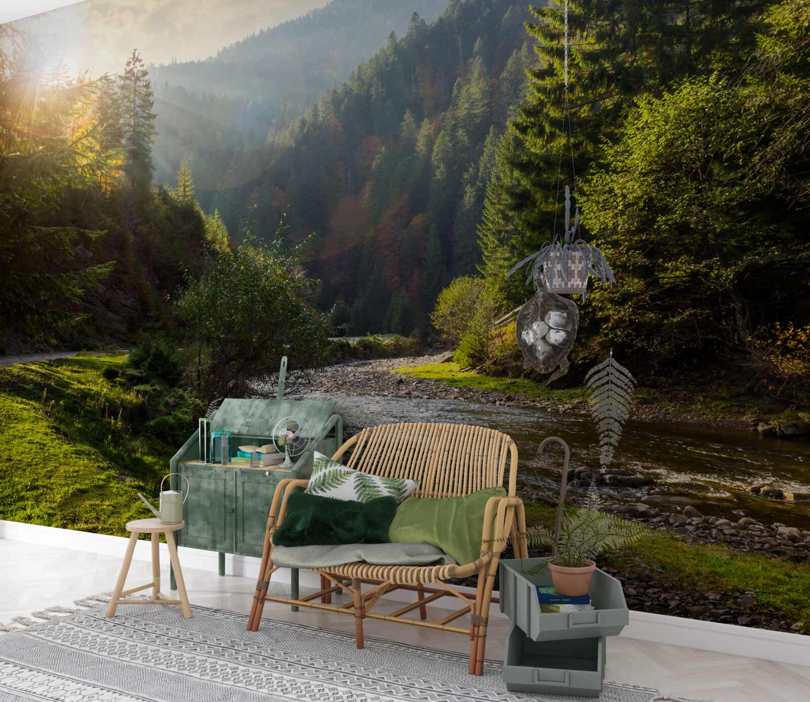 Fotobehang kleurrijk bergpad bij zonsopgang