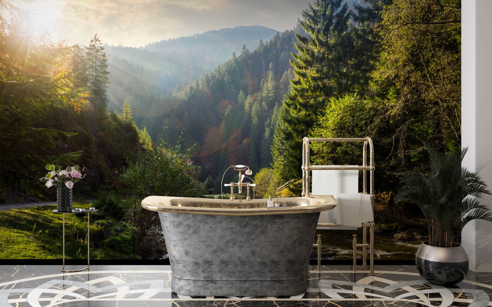 Fotobehang kleurrijk bergpad bij zonsopgang