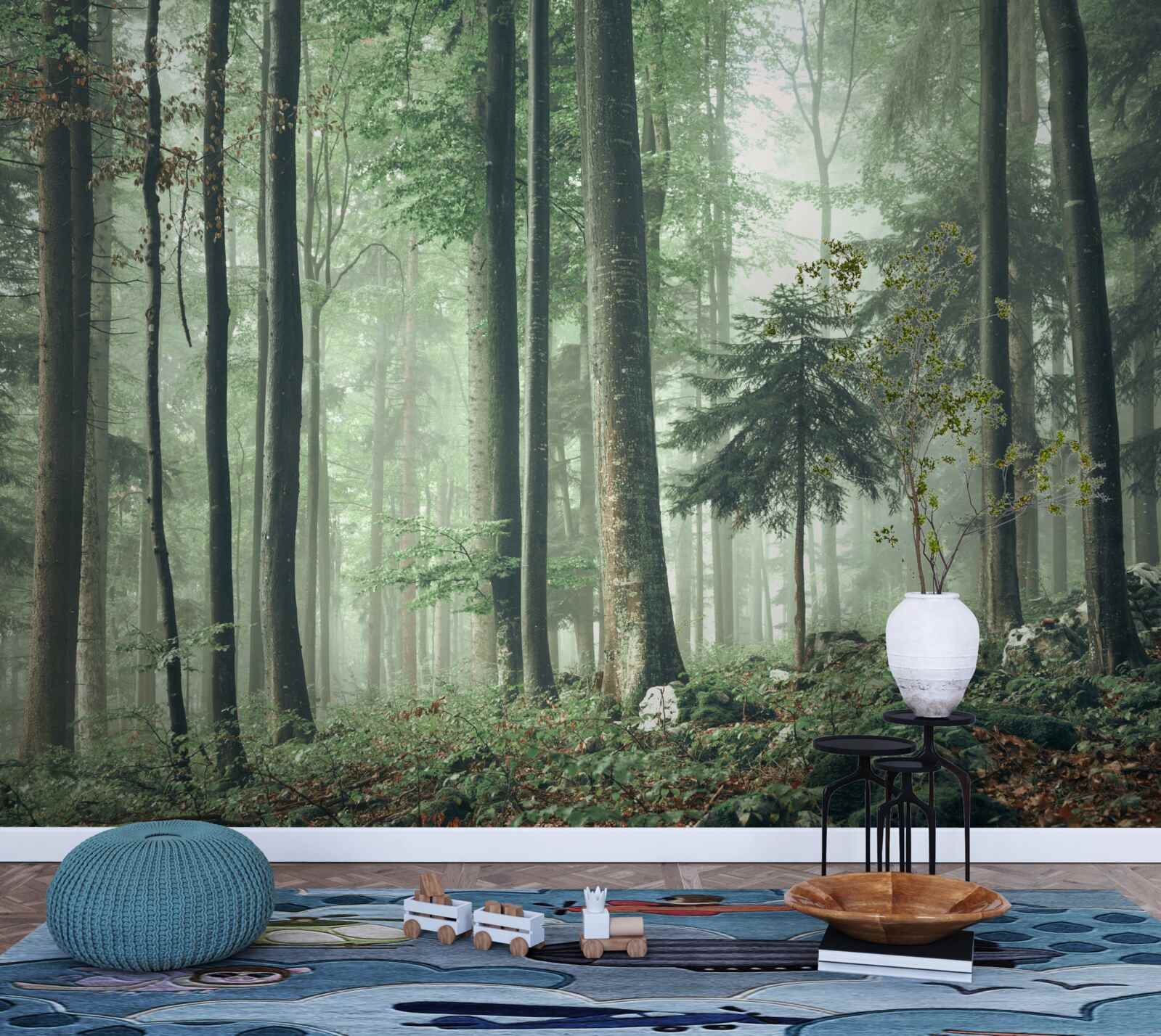 Fotobehang Licht door de mist in een bos van loofbomen