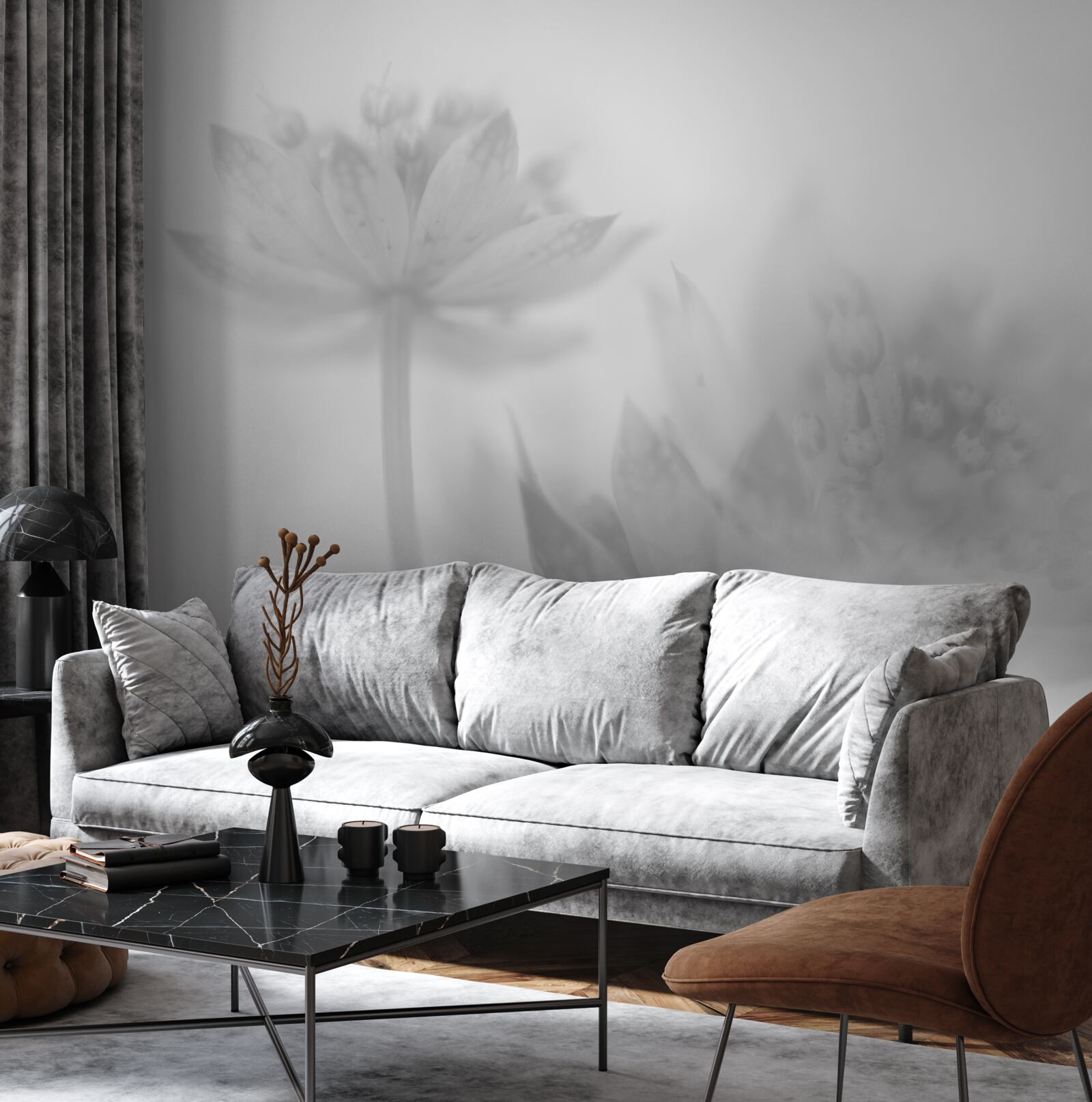 Fotobehang lotussen in zwart-wit tinten