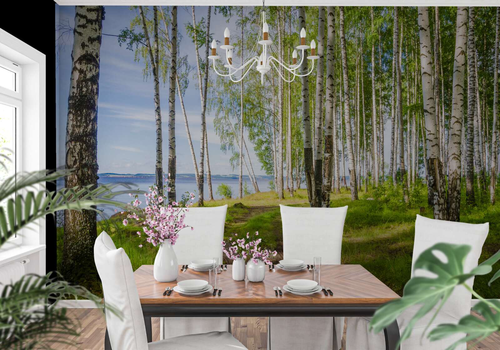 Fotobehang open plek met berkenbomen bij het meer, omgeven door groen