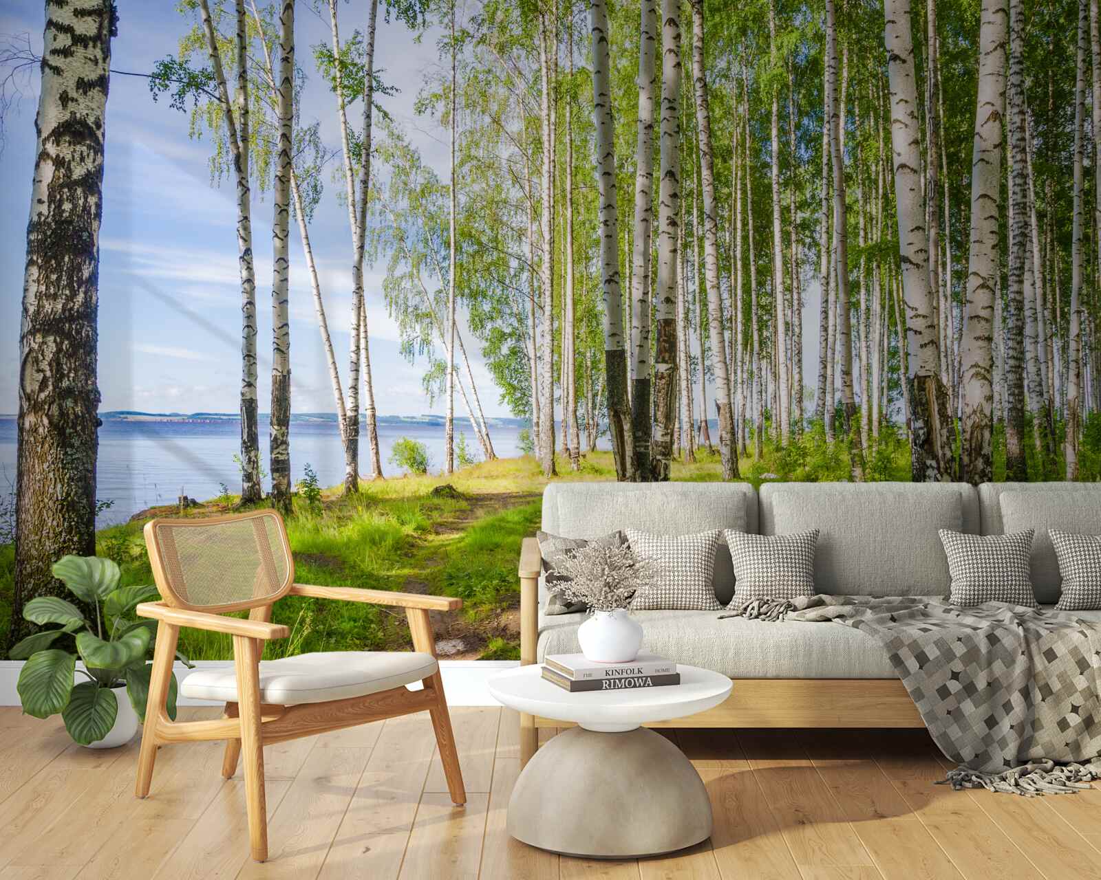 Fotobehang open plek met berkenbomen bij het meer, omgeven door groen