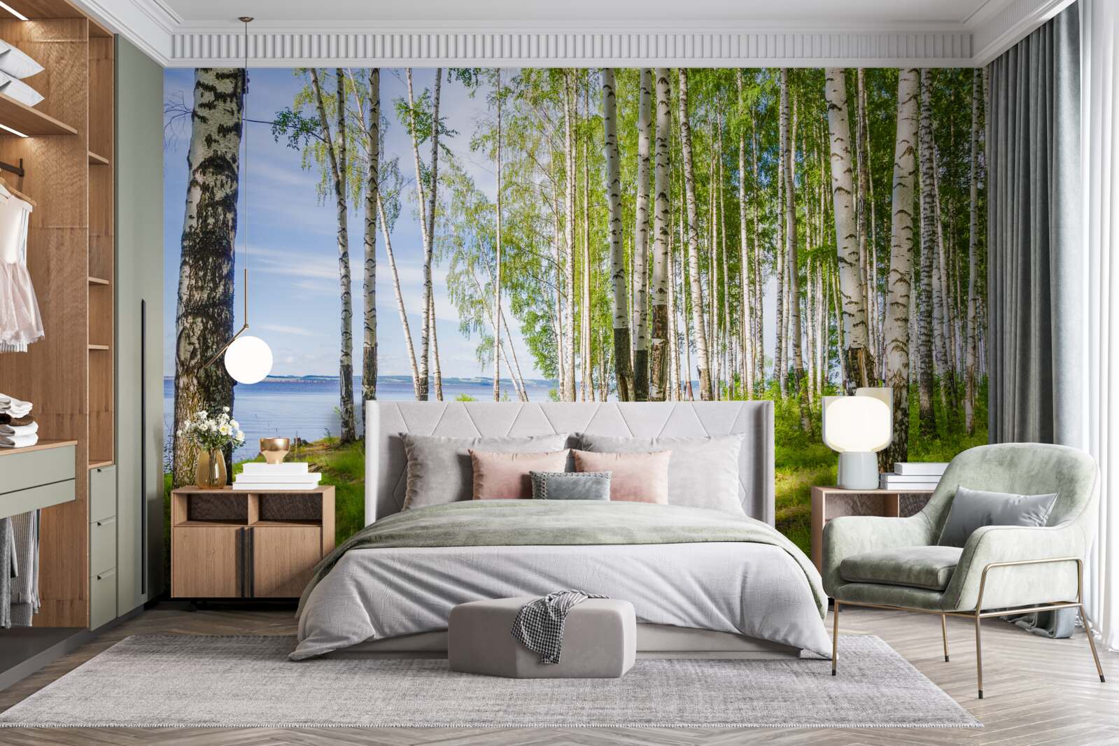 Fotobehang open plek met berkenbomen bij het meer, omgeven door groen