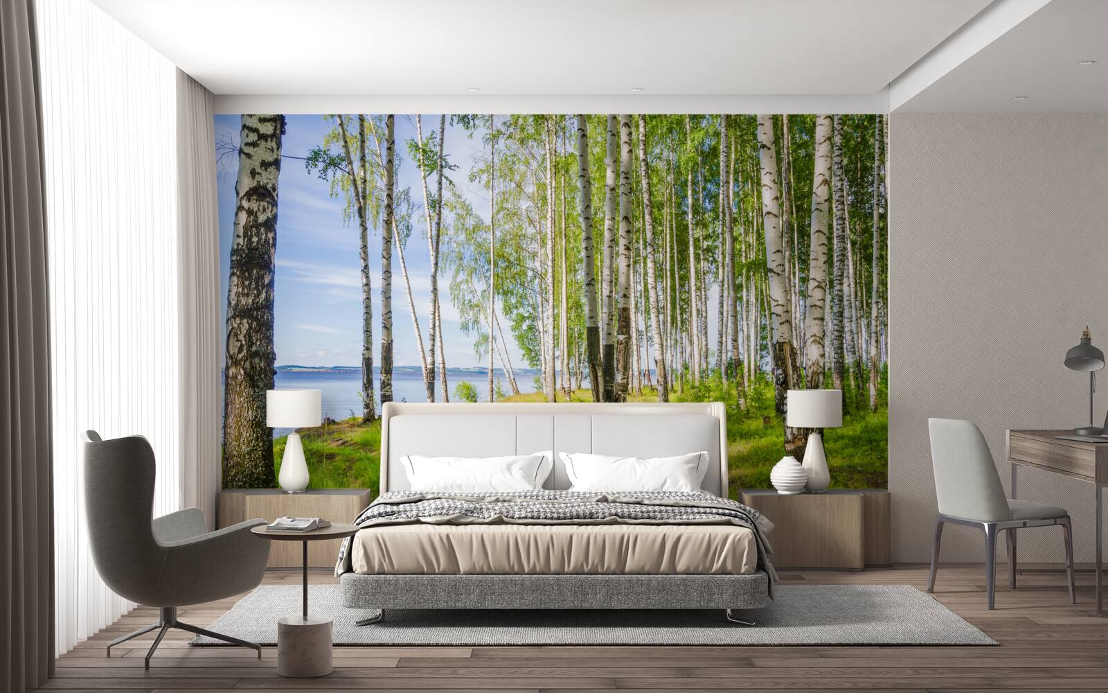 Fotobehang open plek met berkenbomen bij het meer, omgeven door groen