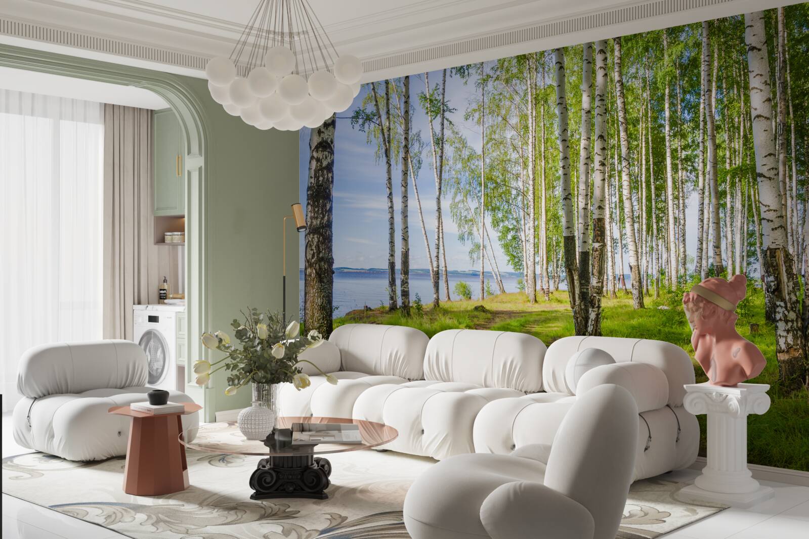 Fotobehang open plek met berkenbomen bij het meer, omgeven door groen