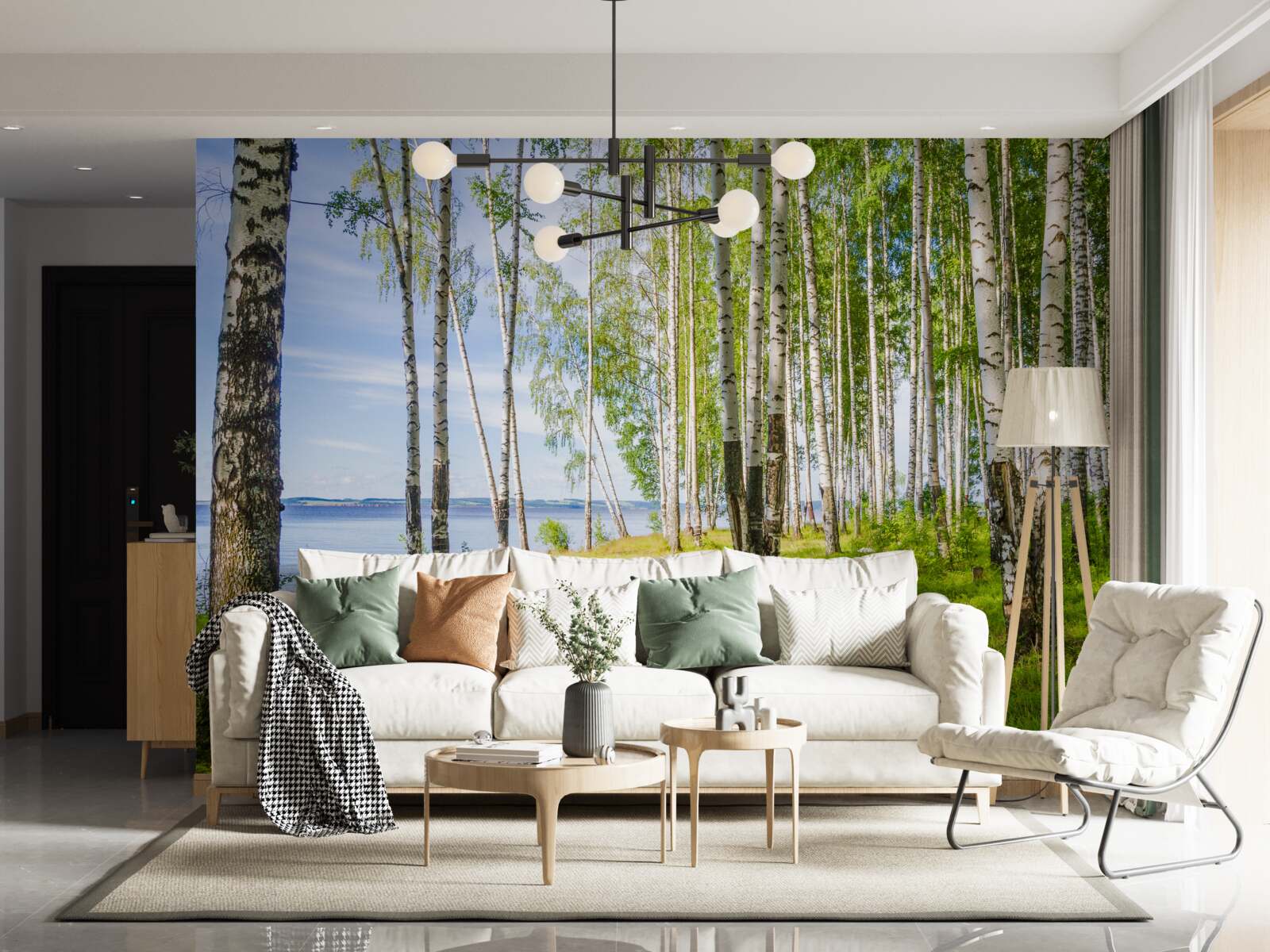 Fotobehang open plek met berkenbomen bij het meer, omgeven door groen