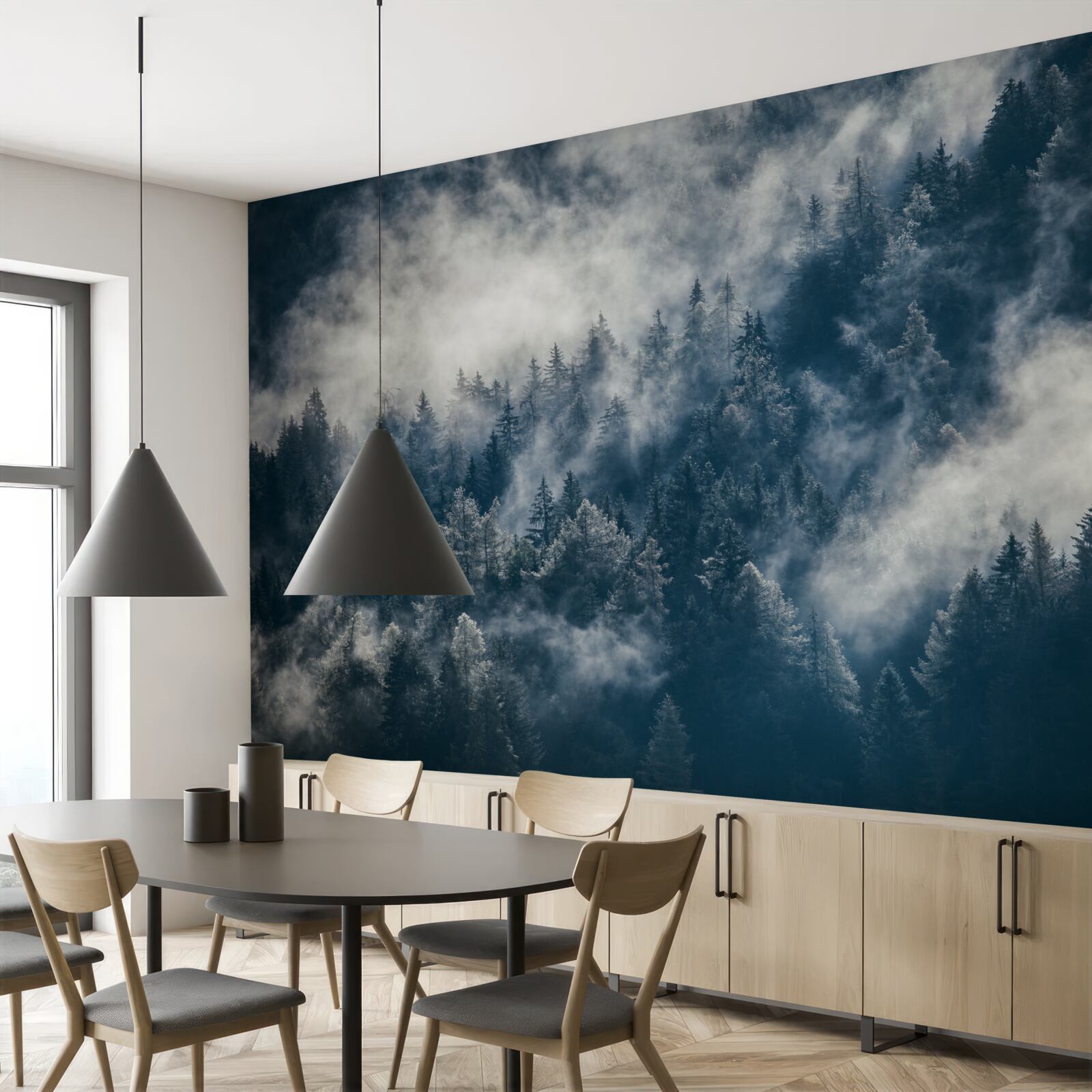 Fotobehang Dichte mist bedekt het bos 's nachts