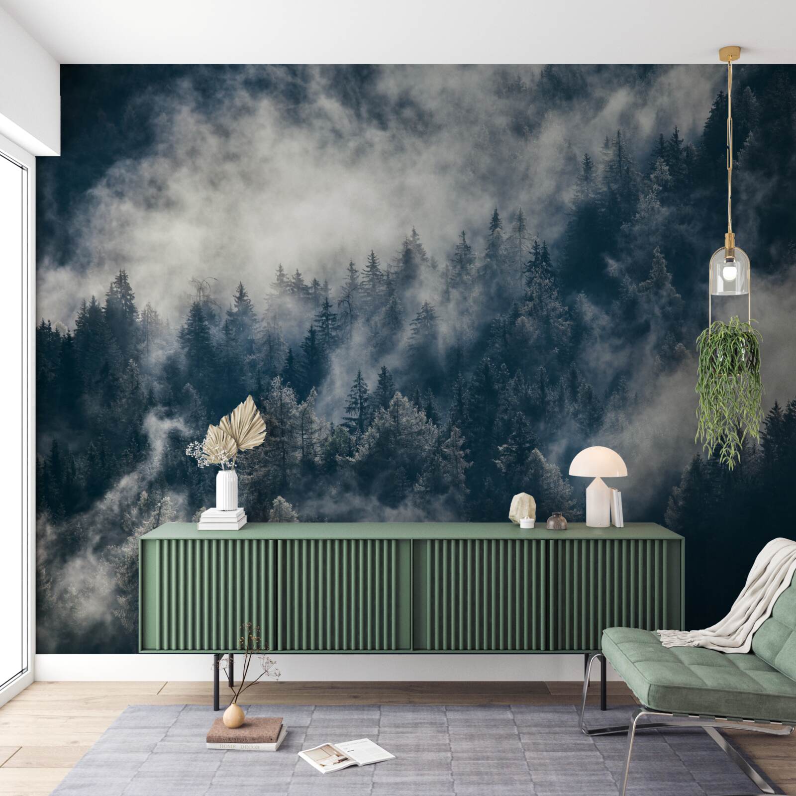 Fotobehang Dichte mist bedekt het bos 's nachts