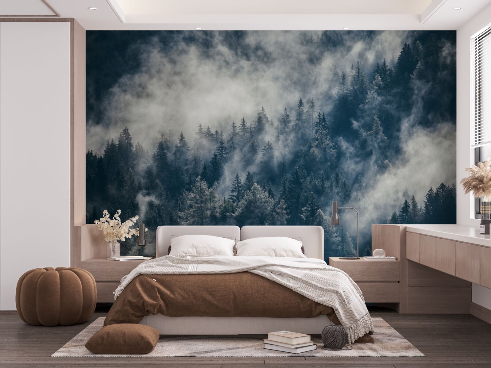 Fotobehang Dichte mist bedekt het bos 's nachts