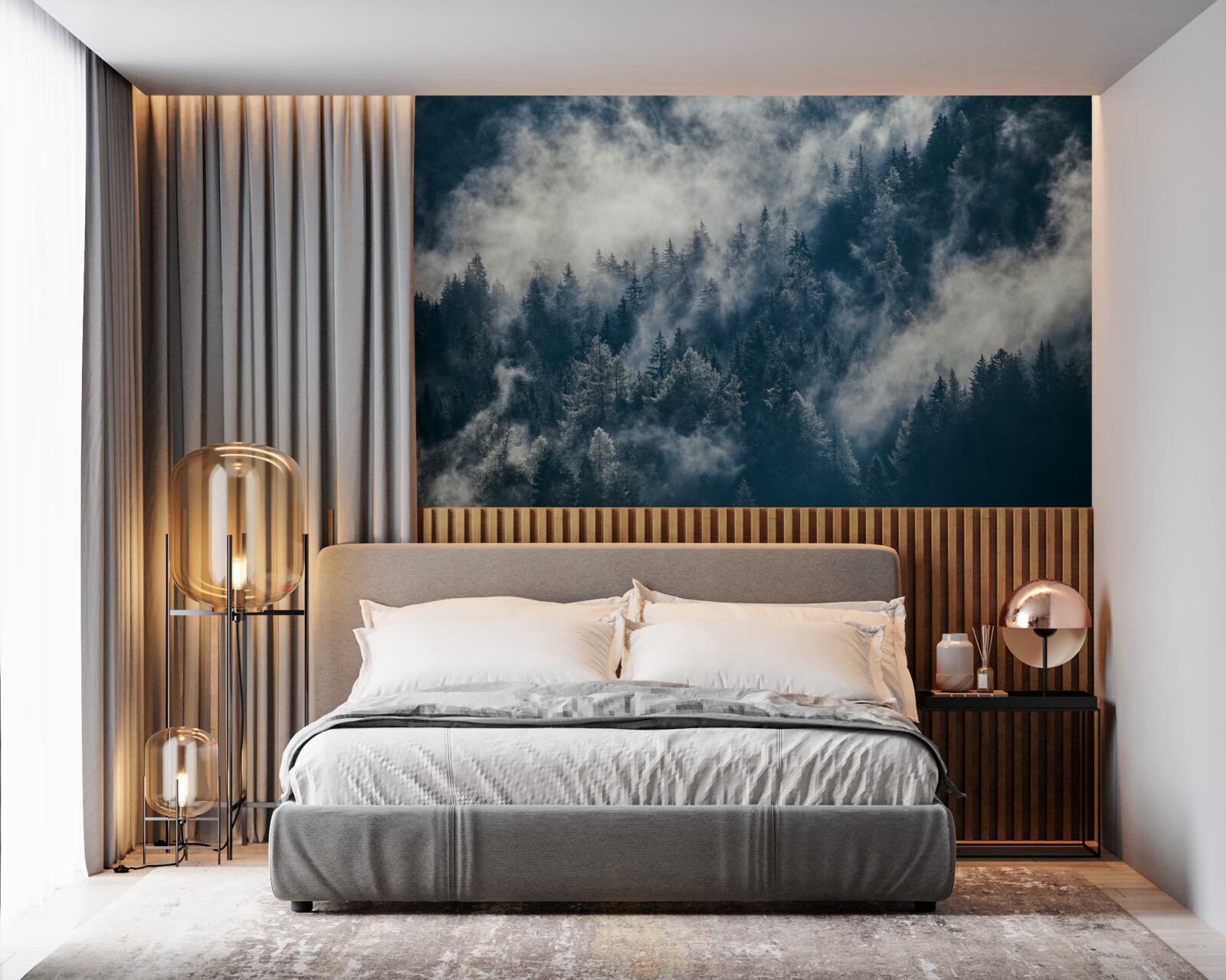 Fotobehang Dichte mist bedekt het bos 's nachts