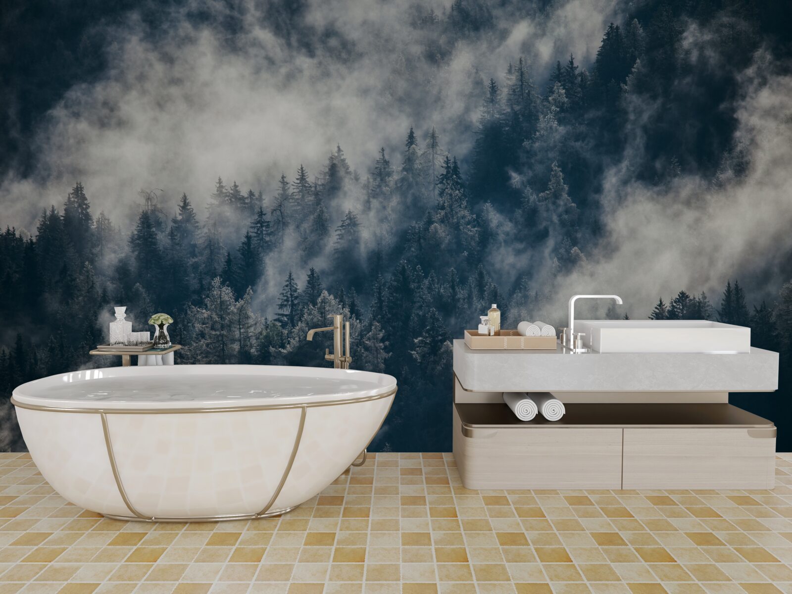 Fotobehang Dichte mist bedekt het bos 's nachts