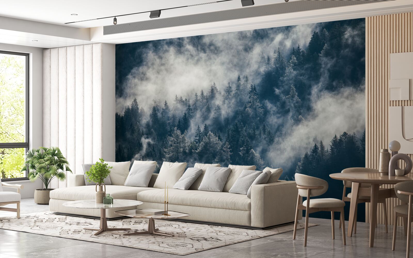 Fotobehang Dichte mist bedekt het bos 's nachts