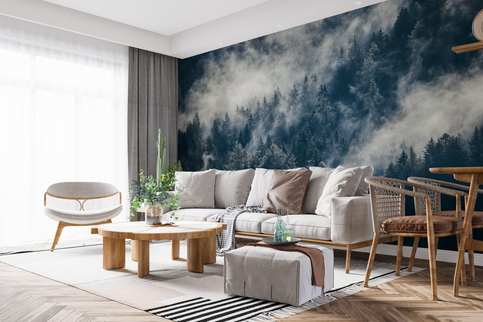 Fotobehang Dichte mist bedekt het bos 's nachts