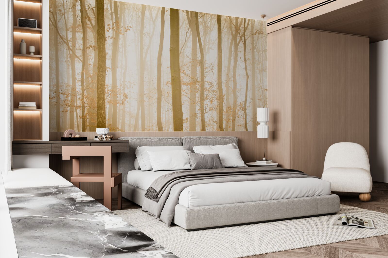 Fotobehang zonnestralen dringen door de mist in het dichte bos