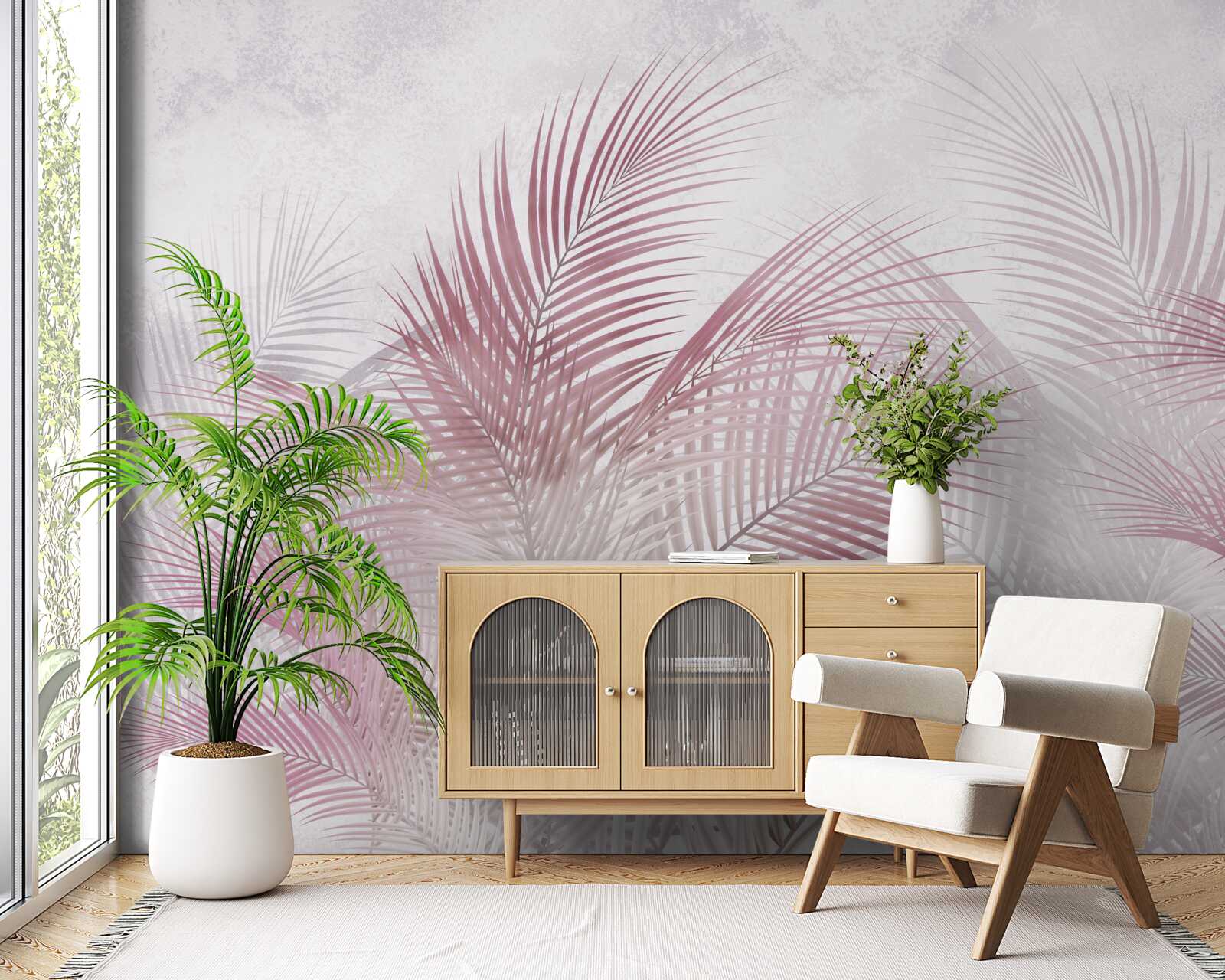 Fotobehang mistige, roze palmbladeren