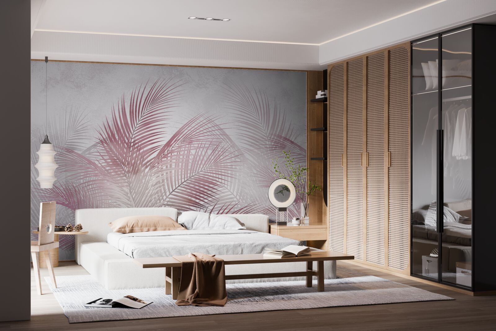 Fotobehang mistige, roze palmbladeren