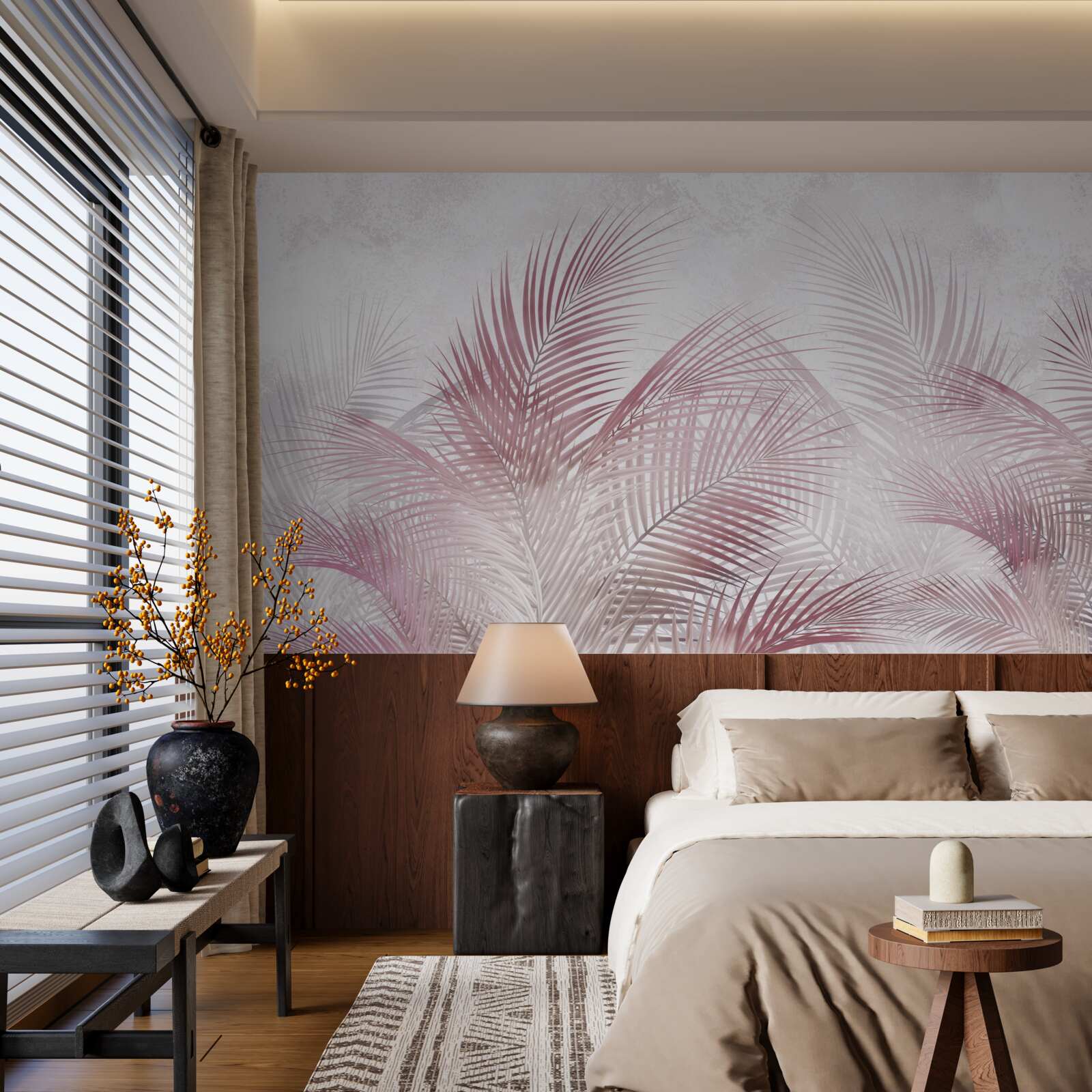 Fotobehang mistige, roze palmbladeren