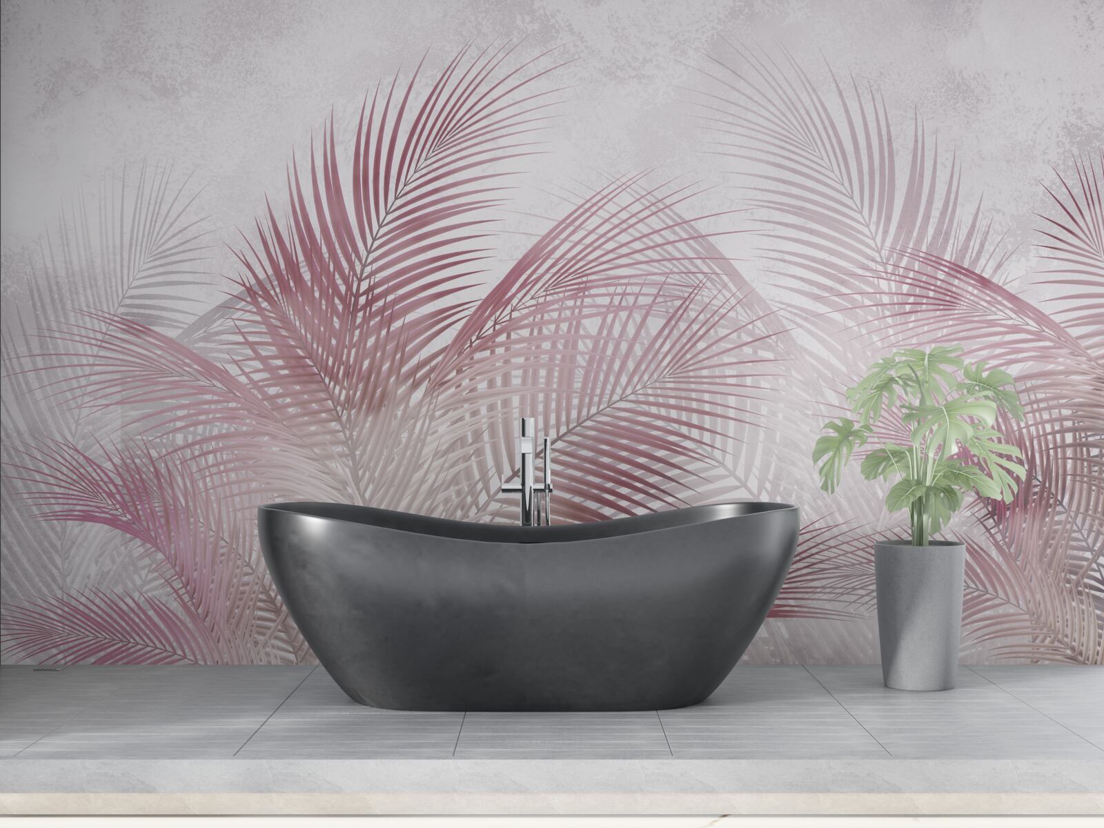 Fotobehang mistige, roze palmbladeren