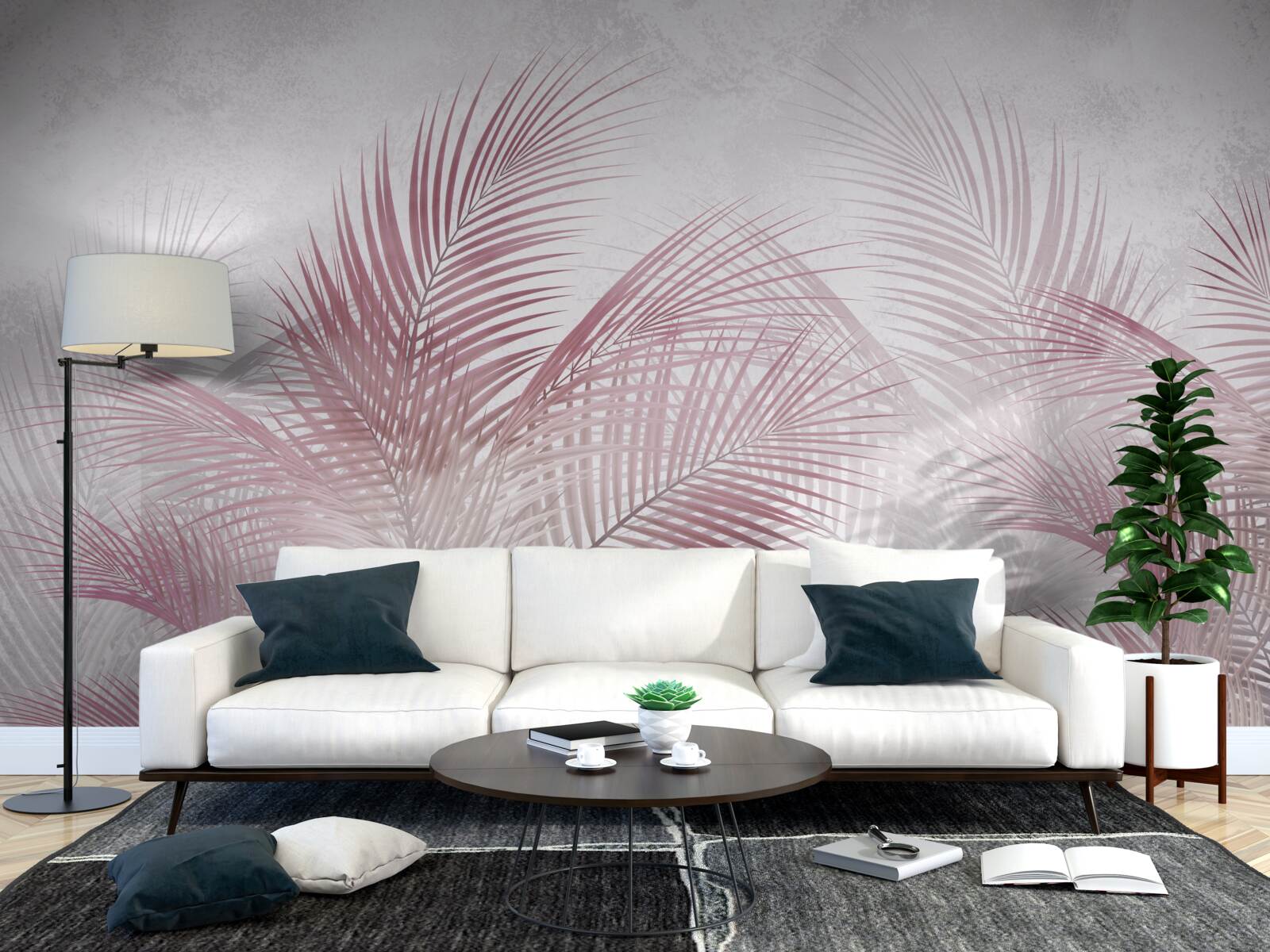 Fotobehang mistige, roze palmbladeren