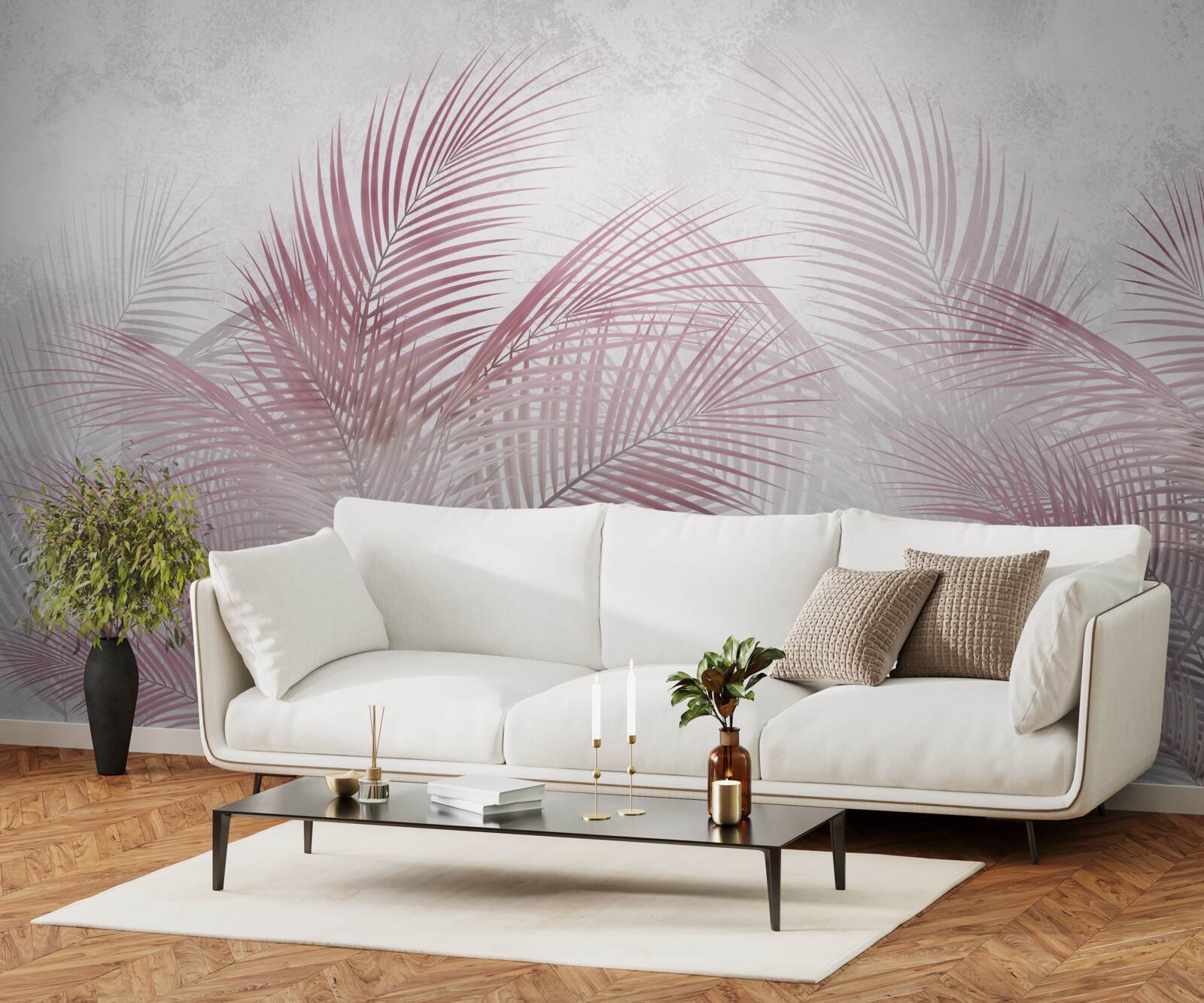 Fotobehang mistige, roze palmbladeren