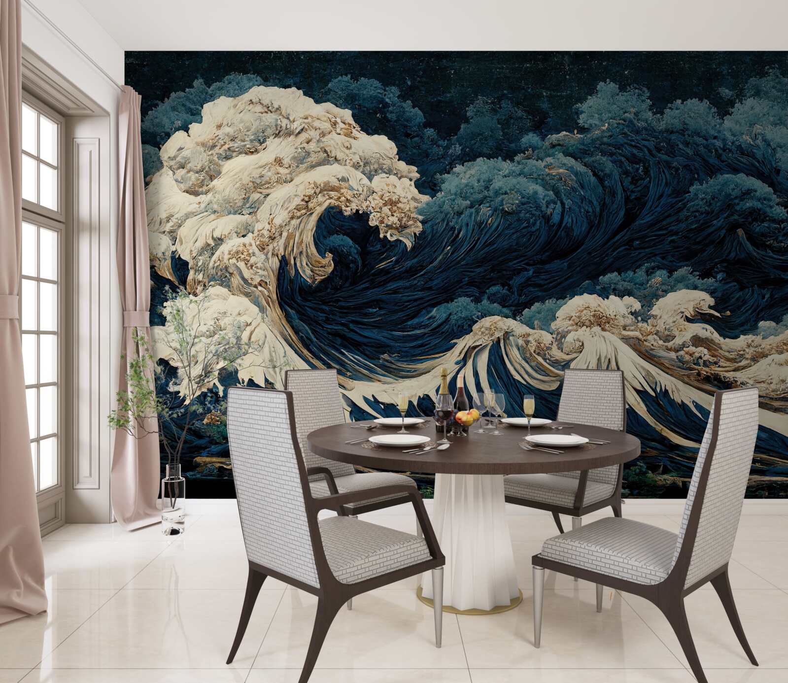 Fotobehang beeld van oceaangolven onder een nachtelijke hemel