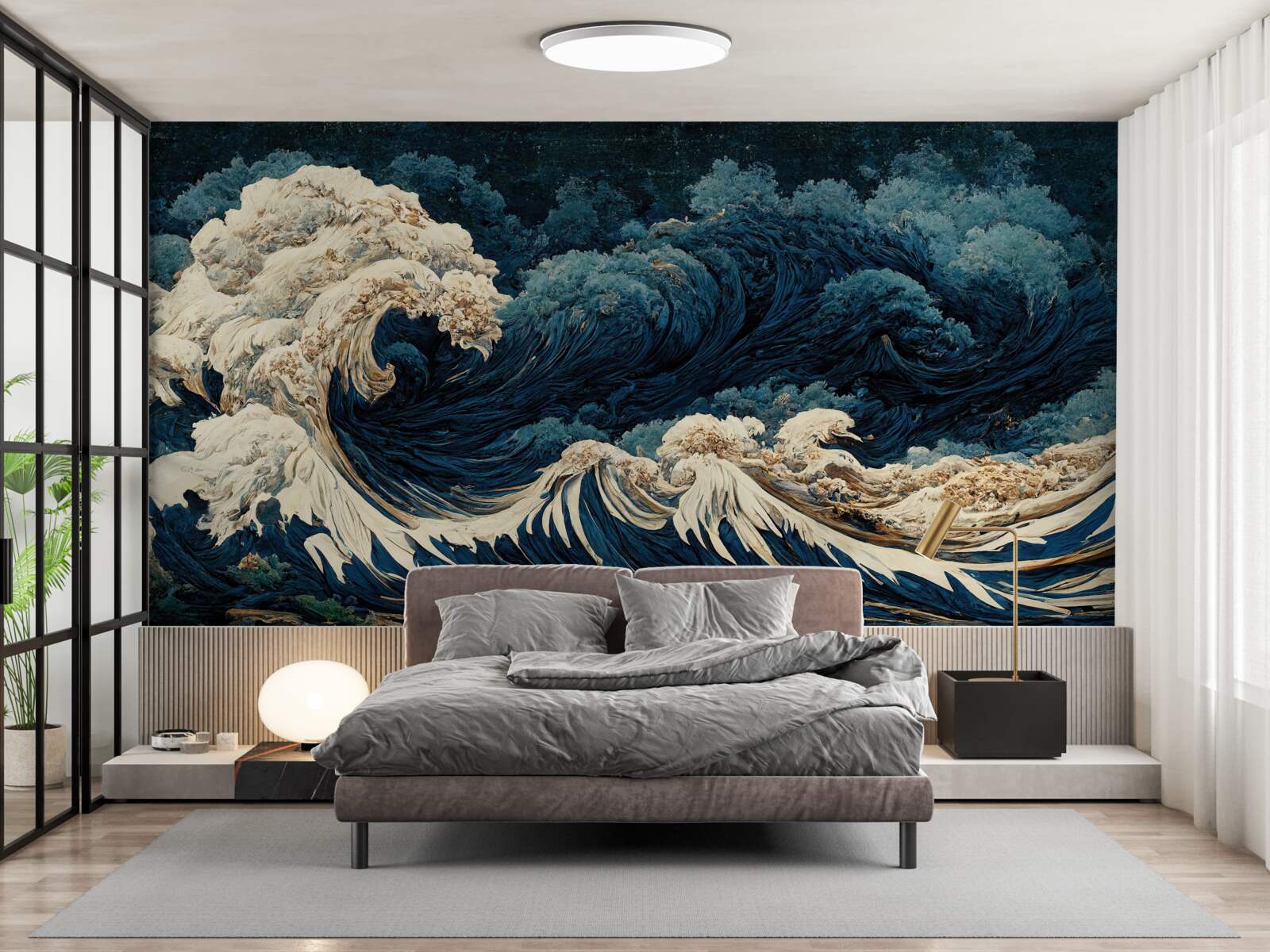 Fotobehang beeld van oceaangolven onder een nachtelijke hemel