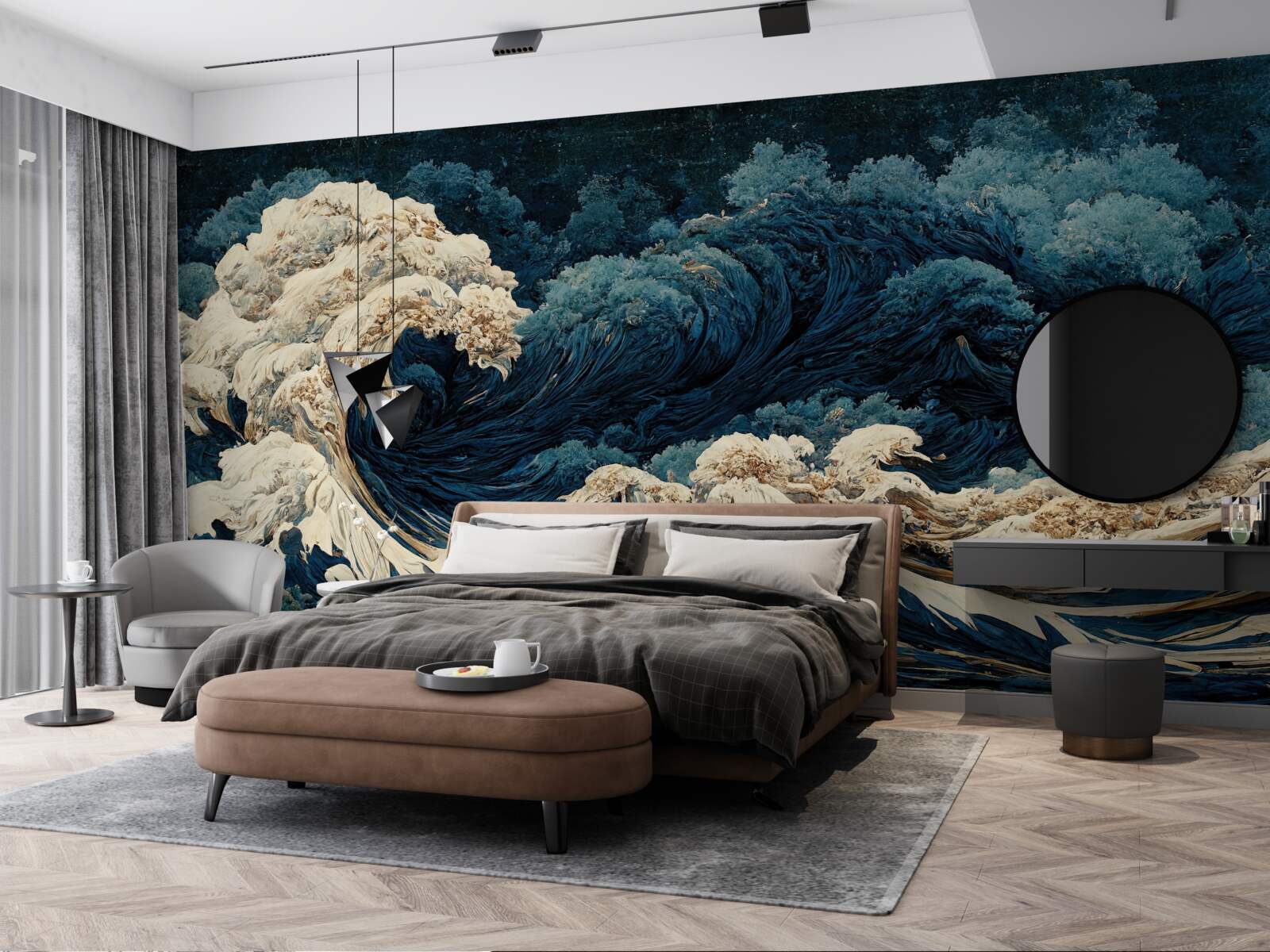 Fotobehang beeld van oceaangolven onder een nachtelijke hemel