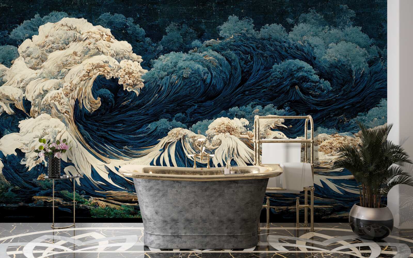 Fotobehang beeld van oceaangolven onder een nachtelijke hemel