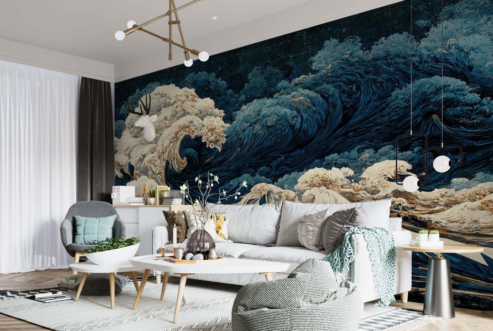 Fotobehang beeld van oceaangolven onder een nachtelijke hemel