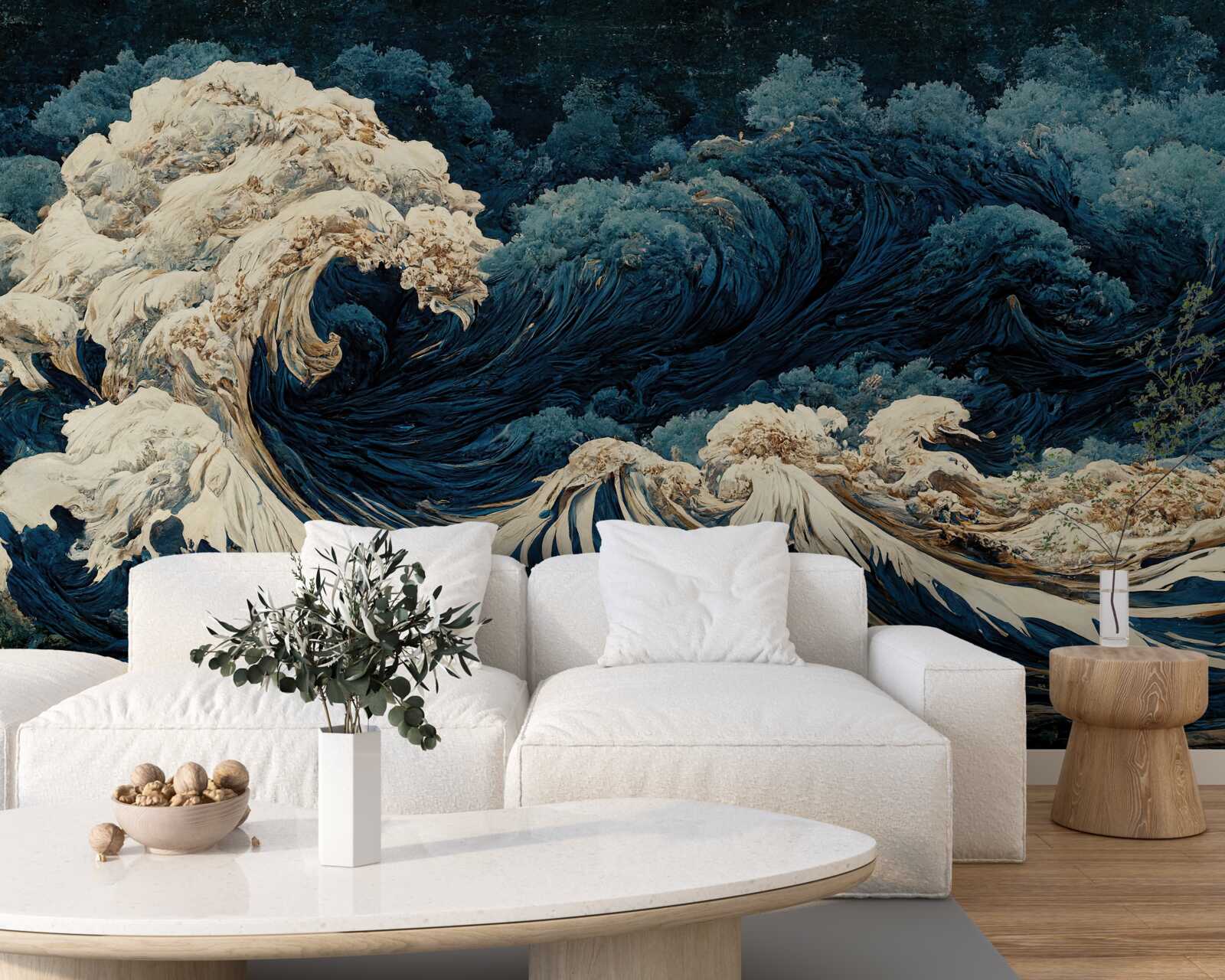 Fotobehang beeld van oceaangolven onder een nachtelijke hemel