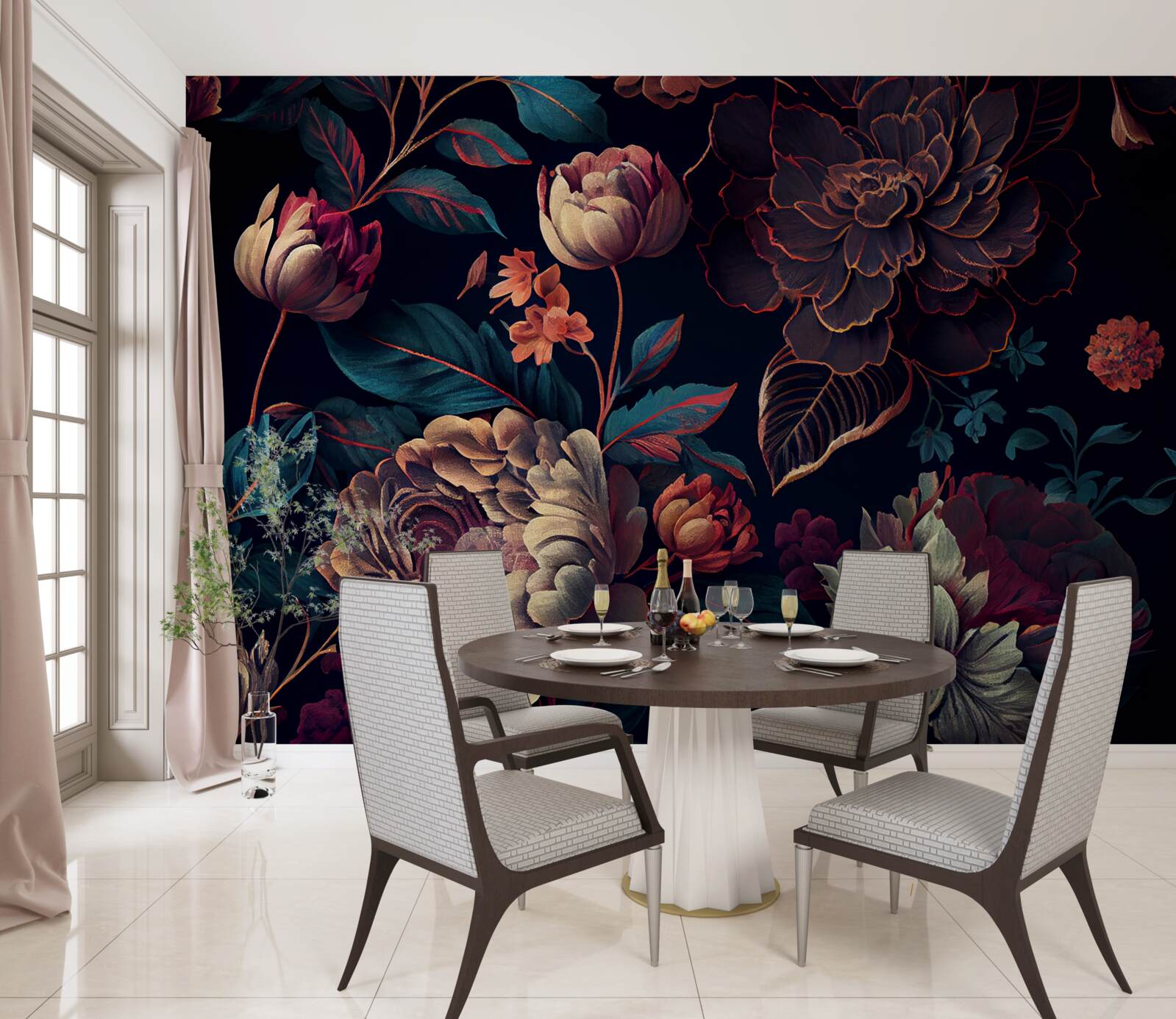 Fotobehang mengsel van donkere mooie bloemen