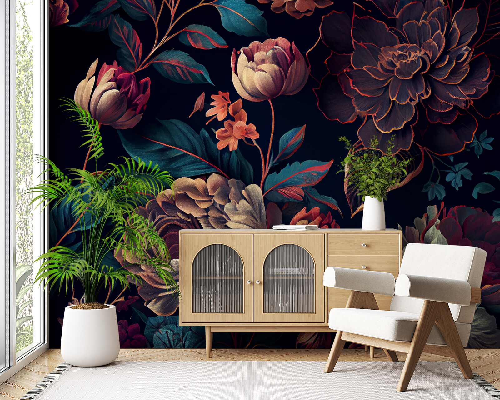 Fotobehang mengsel van donkere mooie bloemen