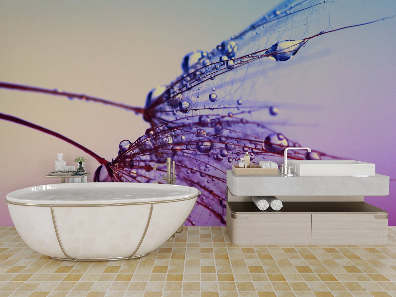 Fotobehang bij zonsondergang versieren dauwdruppels de paardenbloem