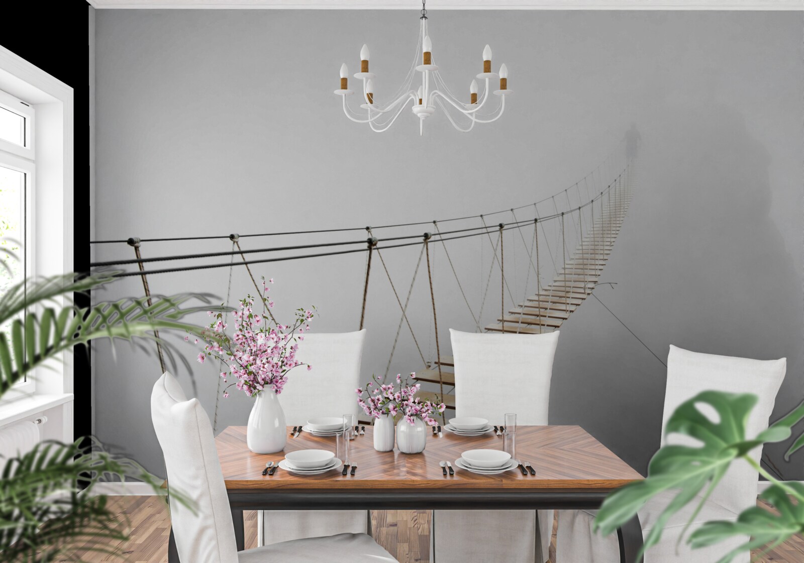 Fotobehang mist over de hangbrug