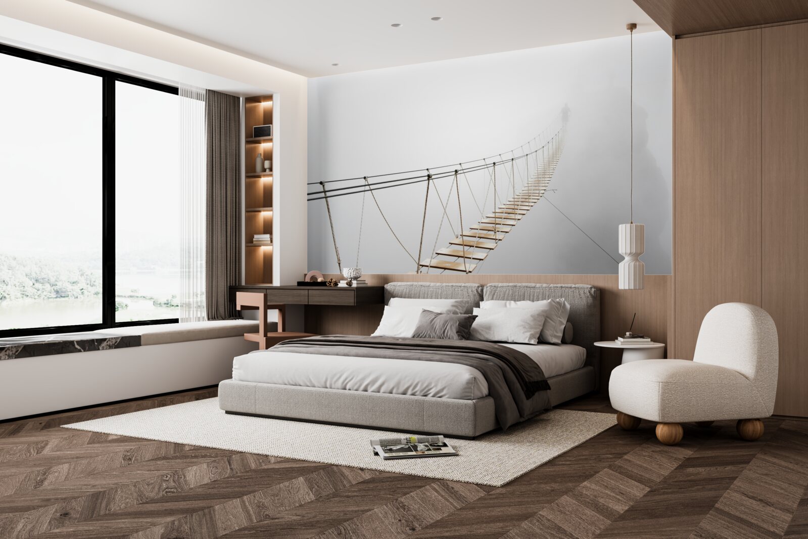 Fotobehang mist over de hangbrug