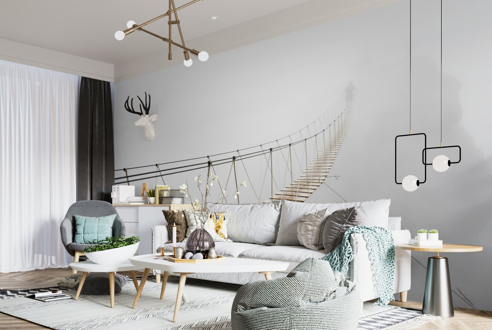 Fotobehang mist over de hangbrug