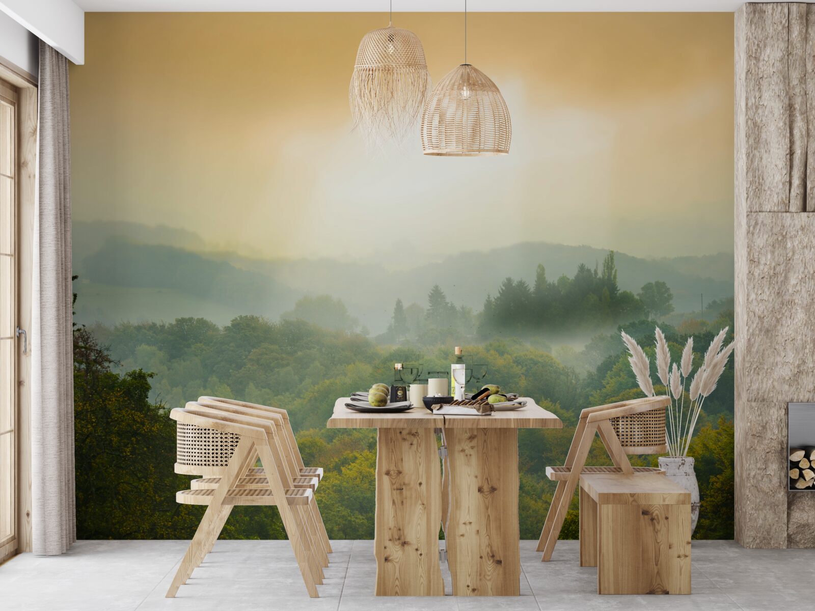 Fotobehang Dageraad komt op boven een rokerig bos