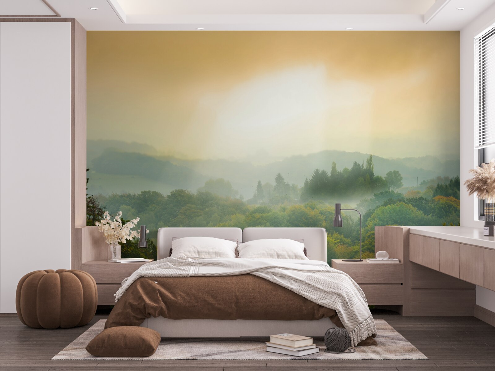 Fotobehang Dageraad komt op boven een rokerig bos