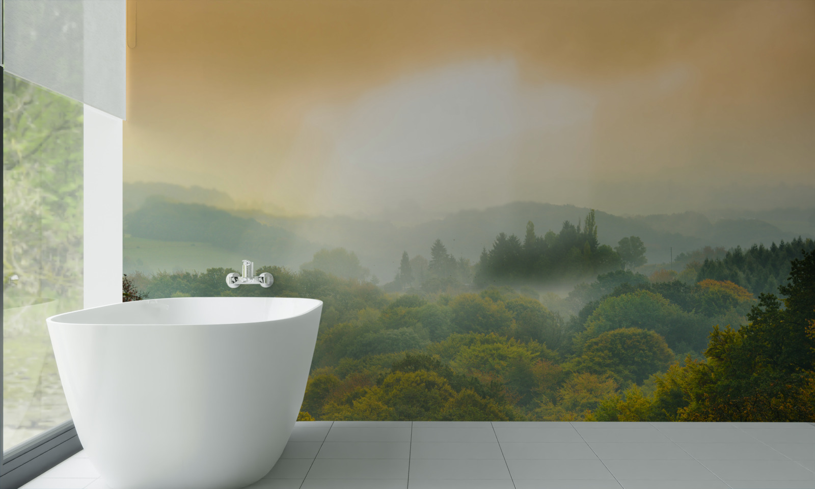 Fotobehang Dageraad komt op boven een rokerig bos