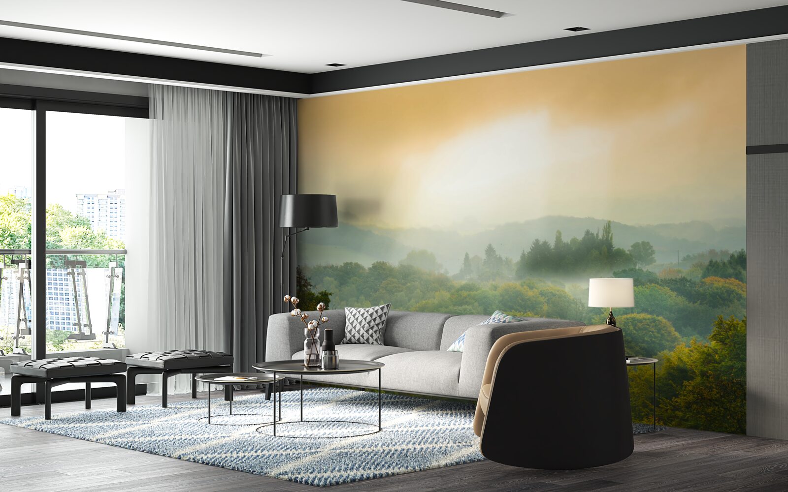 Fotobehang Dageraad komt op boven een rokerig bos