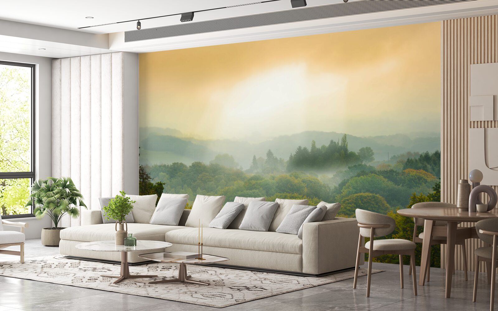 Fotobehang Dageraad komt op boven een rokerig bos