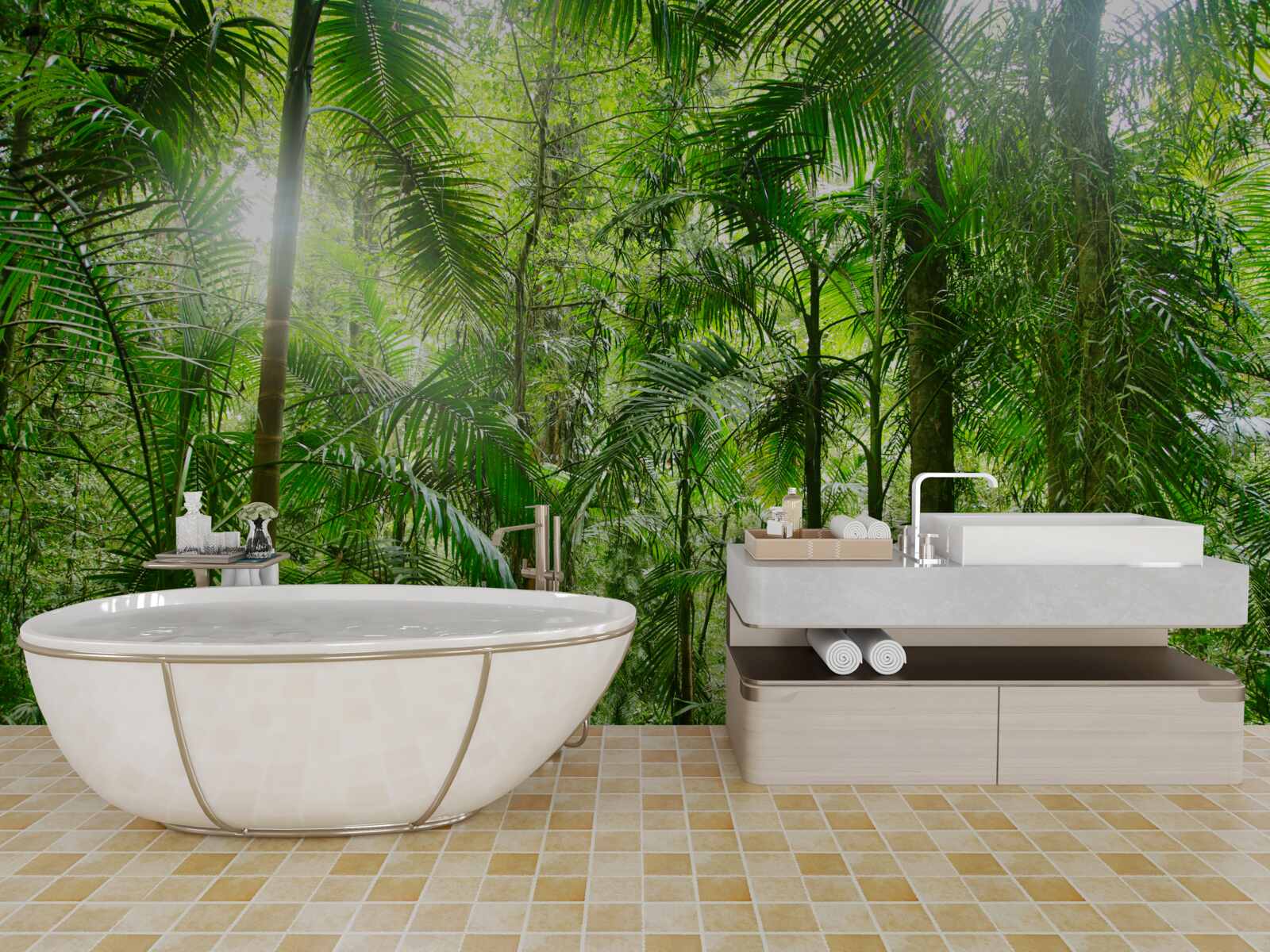 Fotobehang weelderige vegetatie in een bosrijke omgeving