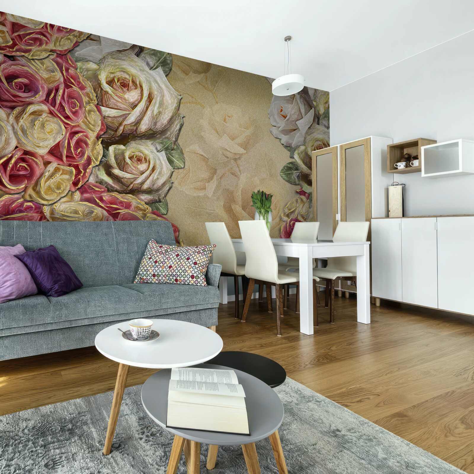 Fotobehang vintage compositie combineert witte en rode rozen