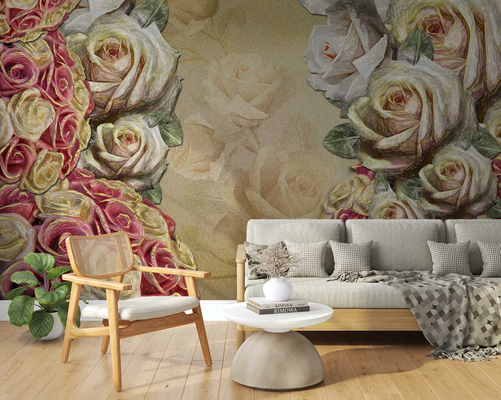 Fotobehang vintage compositie combineert witte en rode rozen