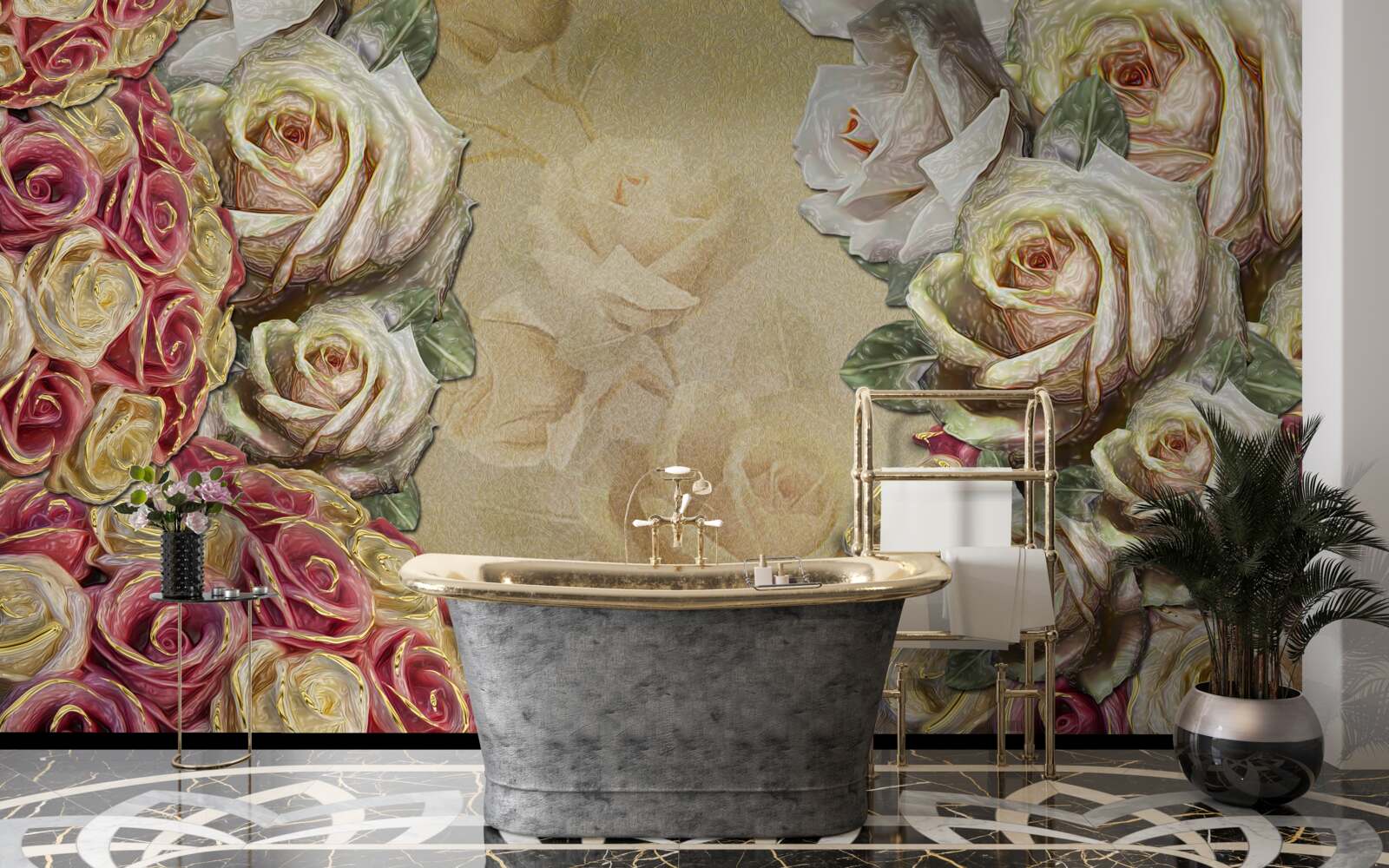 Fotobehang vintage compositie combineert witte en rode rozen