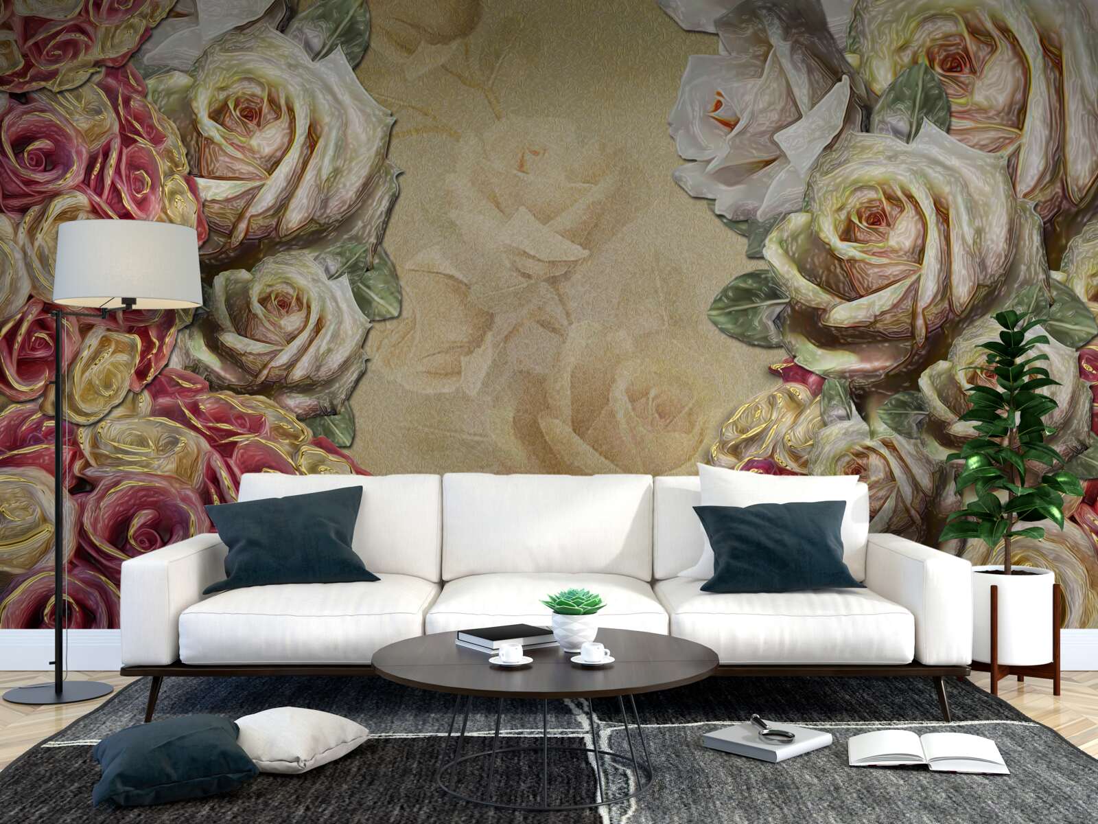 Fotobehang vintage compositie combineert witte en rode rozen