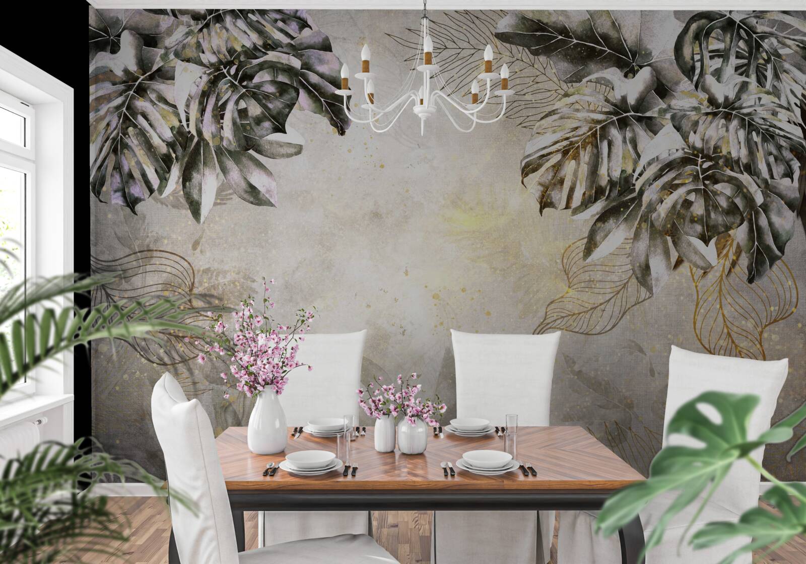 Fotobehang de herfstcompositie bevat grote monsterabladeren