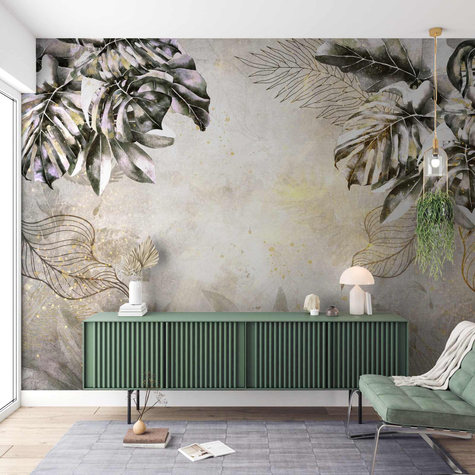 Fotobehang de herfstcompositie bevat grote monsterabladeren