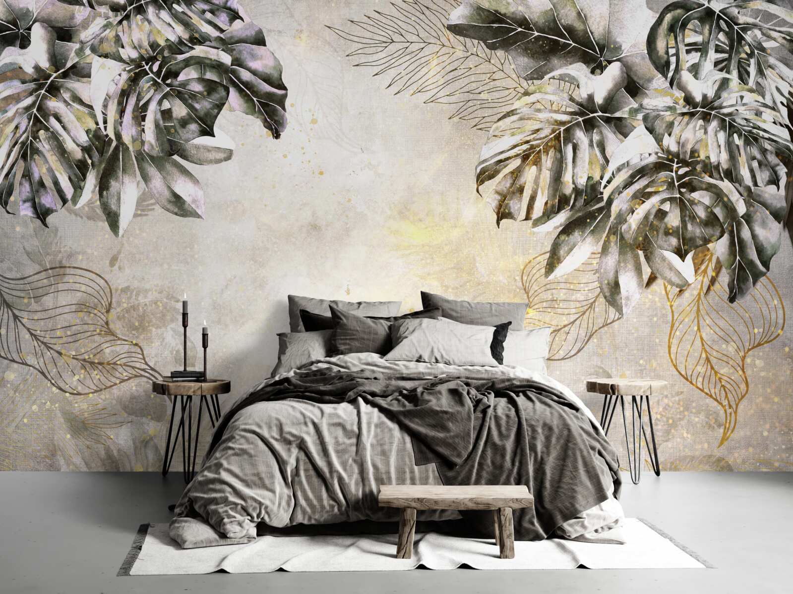 Fotobehang de herfstcompositie bevat grote monsterabladeren