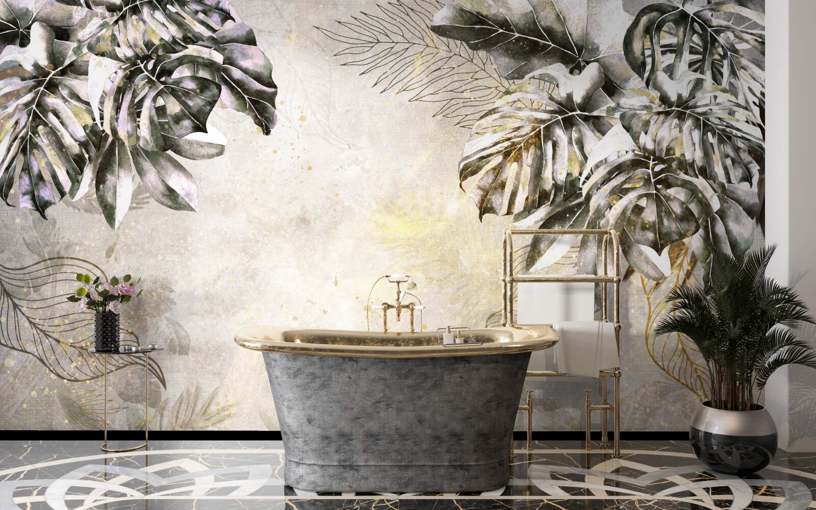 Fotobehang de herfstcompositie bevat grote monsterabladeren